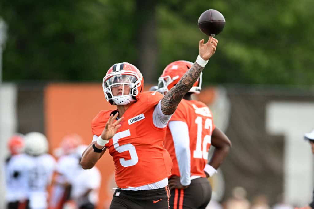 BEREA, OHIO - JULY 28: Dillon Gabriel #5 of the Cleveland Browns throws a pass during Cleveland Browns training camp at CrossCountry Mortgage Campus on July 28, 2025 in Berea, Ohio.