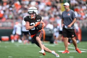 BEREA, OHIO - JULY 28: Luke Floriea #37 of the Cleveland Browns catches a pass during Cleveland Browns training camp at CrossCountry Mortgage Campus on July 28, 2025 in Berea, Ohio.