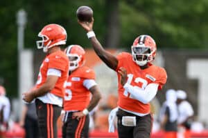BEREA, OHIO - JULY 28: Shedeur Sanders #12 of the Cleveland Browns throws a pass during Cleveland Browns training camp at CrossCountry Mortgage Campus on July 28, 2025 in Berea, Ohio.