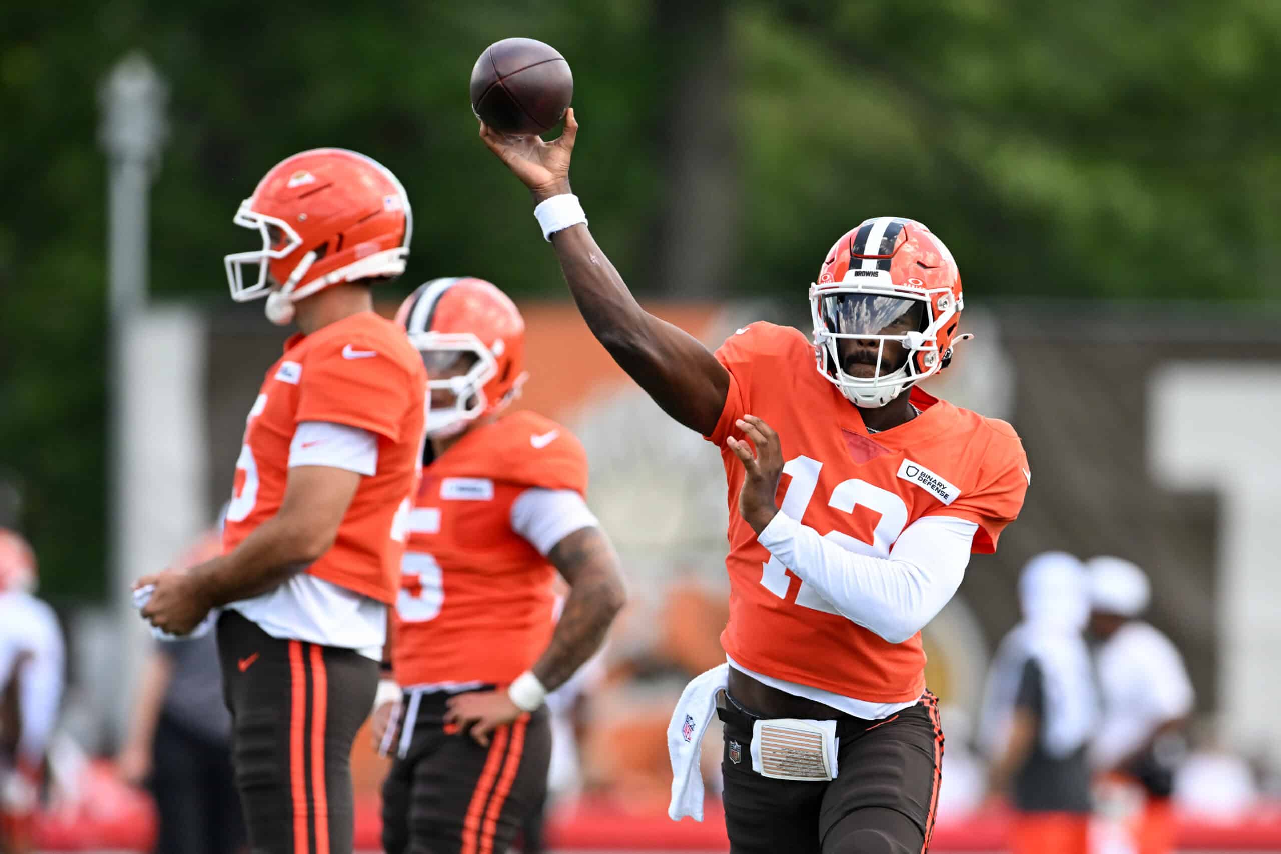 BEREA, OHIO - JULY 28: Shedeur Sanders #12 of the Cleveland Browns throws a pass during Cleveland Browns training camp at CrossCountry Mortgage Campus on July 28, 2025 in Berea, Ohio.