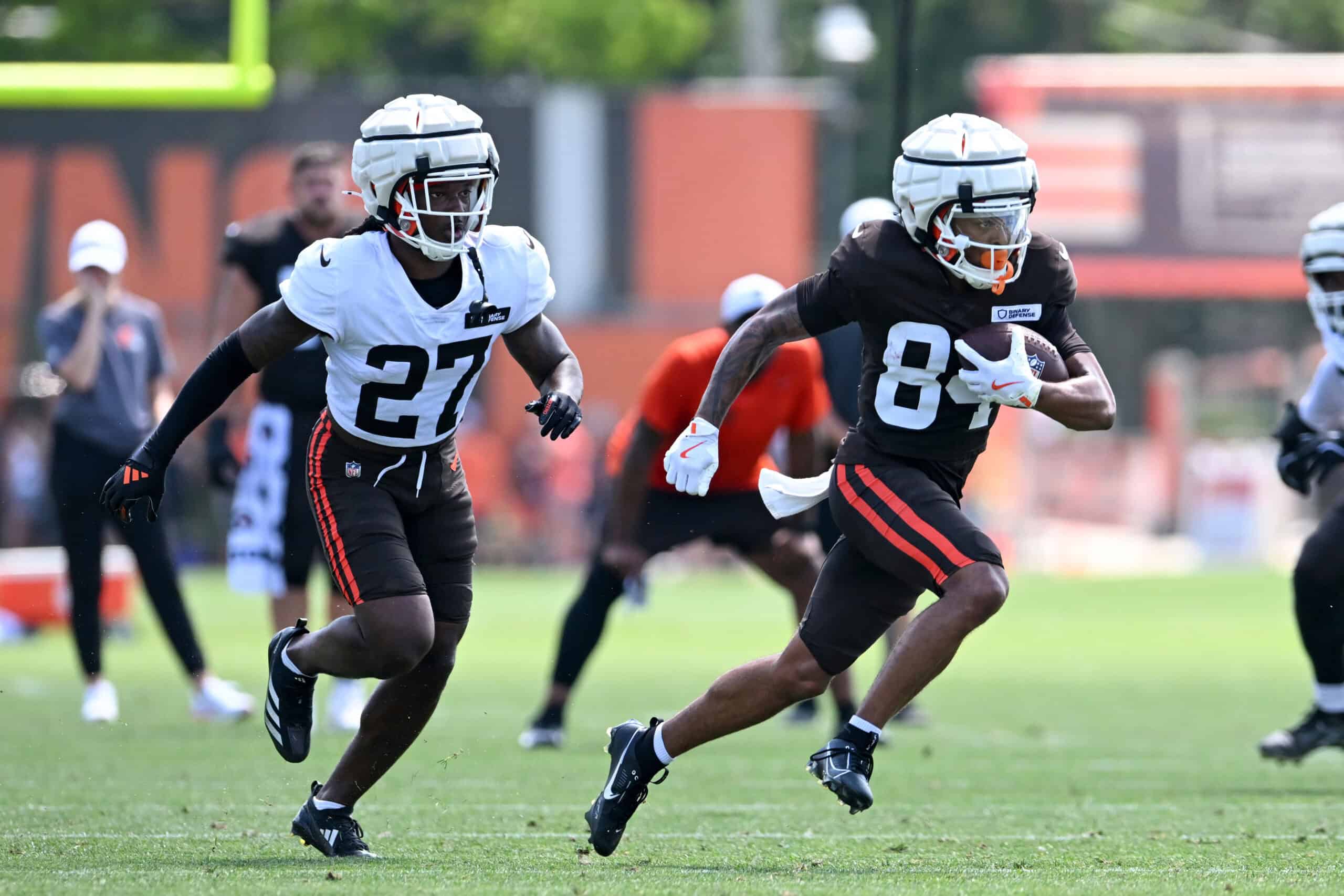 BEREA, OHIO - JULY 28: Gage Larvadain #84 of the Cleveland Browns runs a drill during Cleveland Browns training camp at CrossCountry Mortgage Campus on July 28, 2025 in Berea, Ohio.