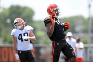 BEREA, OHIO - JULY 28: Cedric Tillman #19 of the Cleveland Browns celebrates a catch during Cleveland Browns training camp at CrossCountry Mortgage Campus on July 28, 2025 in Berea, Ohio.