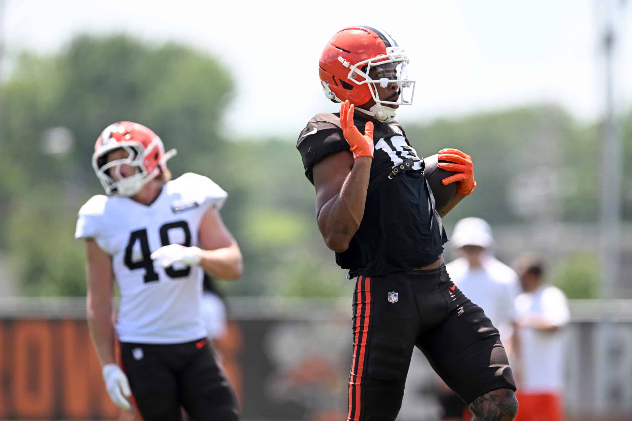 BEREA, OHIO - JULY 28: Cedric Tillman #19 of the Cleveland Browns celebrates a catch during Cleveland Browns training camp at CrossCountry Mortgage Campus on July 28, 2025 in Berea, Ohio.