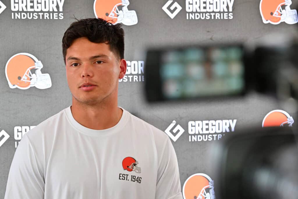 BEREA, OHIO - JULY 25: Quarterback Dillon Gabriel #5 of the Cleveland Browns talks to reporters during training camp at CrossCountry Mortgage Campus on July 25, 2025 in Berea, Ohio.