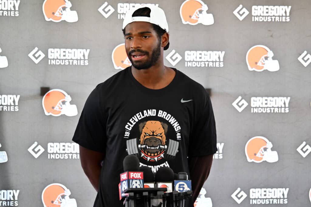 BEREA, OHIO - JULY 25: Quarterback Shedeur Sanders #12 of the Cleveland Browns talks to reporters during training camp at CrossCountry Mortgage Campus on July 25, 2025 in Berea, Ohio.