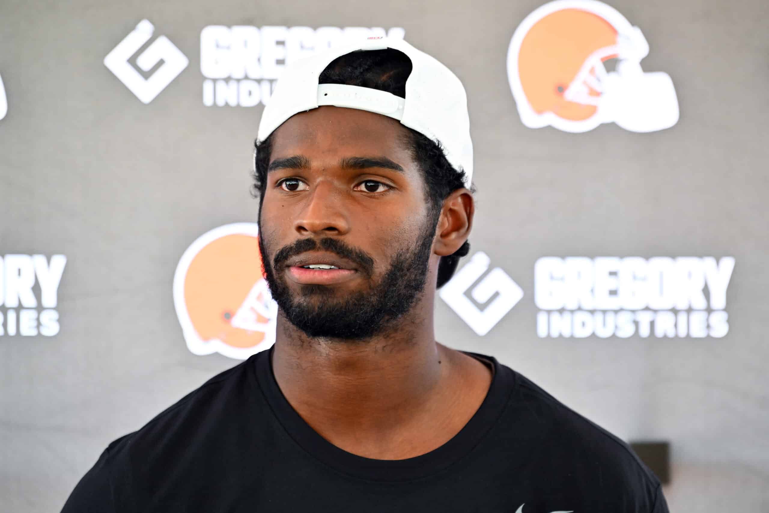 BEREA, OHIO - JULY 25: Quarterback Shedeur Sanders #12 of the Cleveland Browns talks to reporters during training camp at CrossCountry Mortgage Campus on July 25, 2025 in Berea, Ohio.