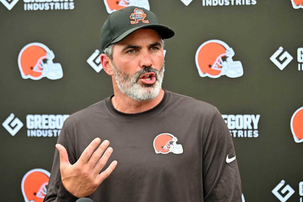 BEREA, OHIO - JULY 25: Head coach Kevin Stefanski of the Cleveland Browns talks to reporters during training camp at CrossCountry Mortgage Campus on July 25, 2025 in Berea, Ohio.
