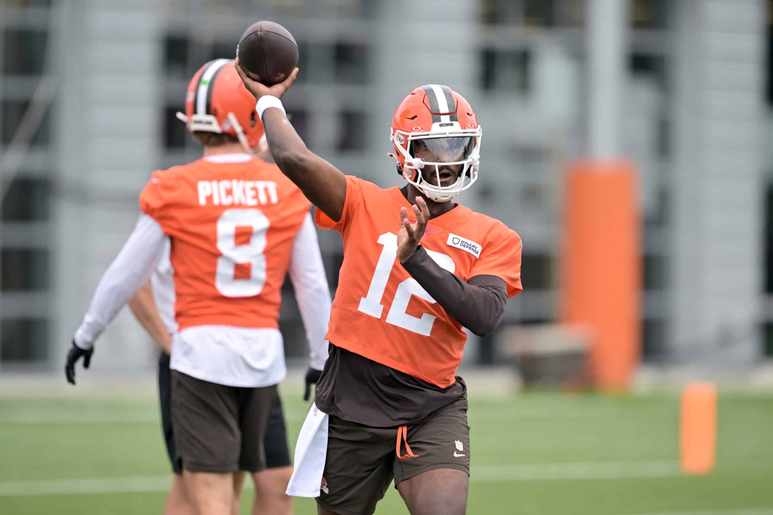 BEREA, OHIO - JULY 25: Quarterback Shedeur Sanders #12 of the Cleveland Browns passes during training camp at CrossCountry Mortgage Campus on July 25, 2025 in Berea, Ohio.