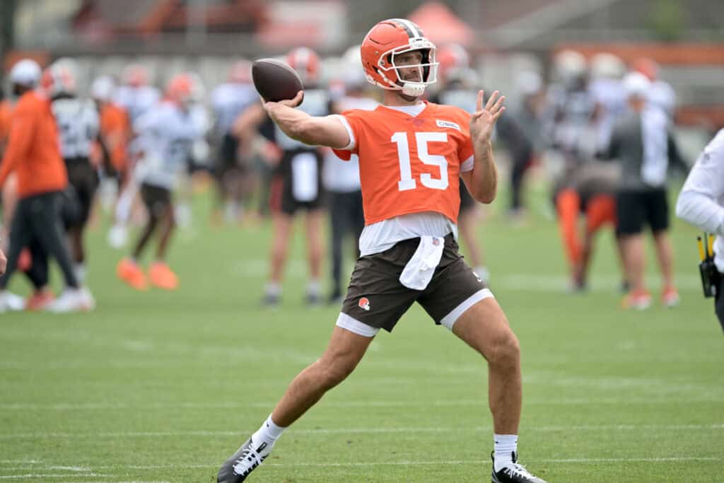 BEREA, OHIO - JULY 25: Quarterback Joe Flacco #15 of the Cleveland Browns passes during training camp at CrossCountry Mortgage Campus on July 25, 2025 in Berea, Ohio.