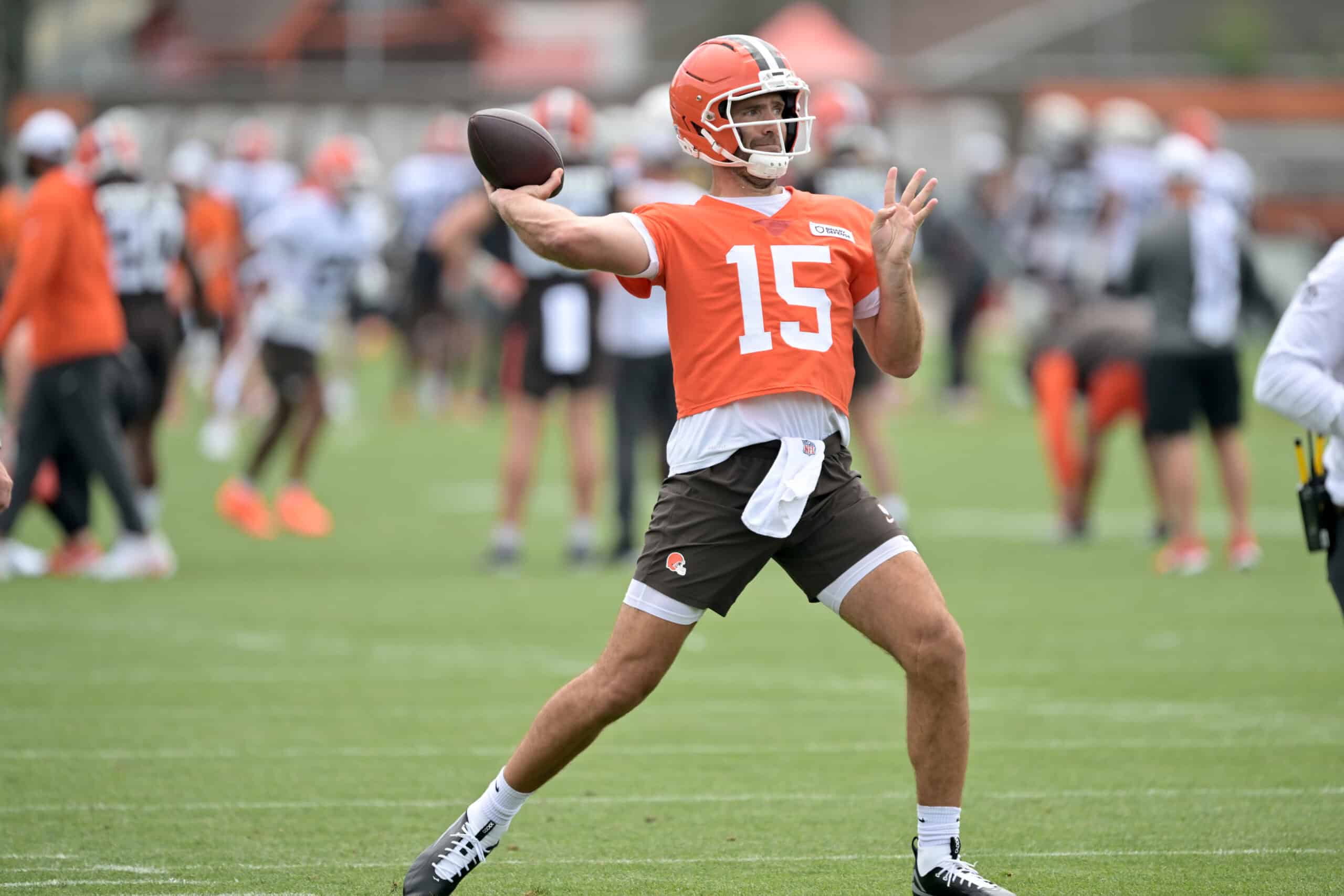 BEREA, OHIO - JULY 25: Quarterback Joe Flacco #15 of the Cleveland Browns passes during training camp at CrossCountry Mortgage Campus on July 25, 2025 in Berea, Ohio.