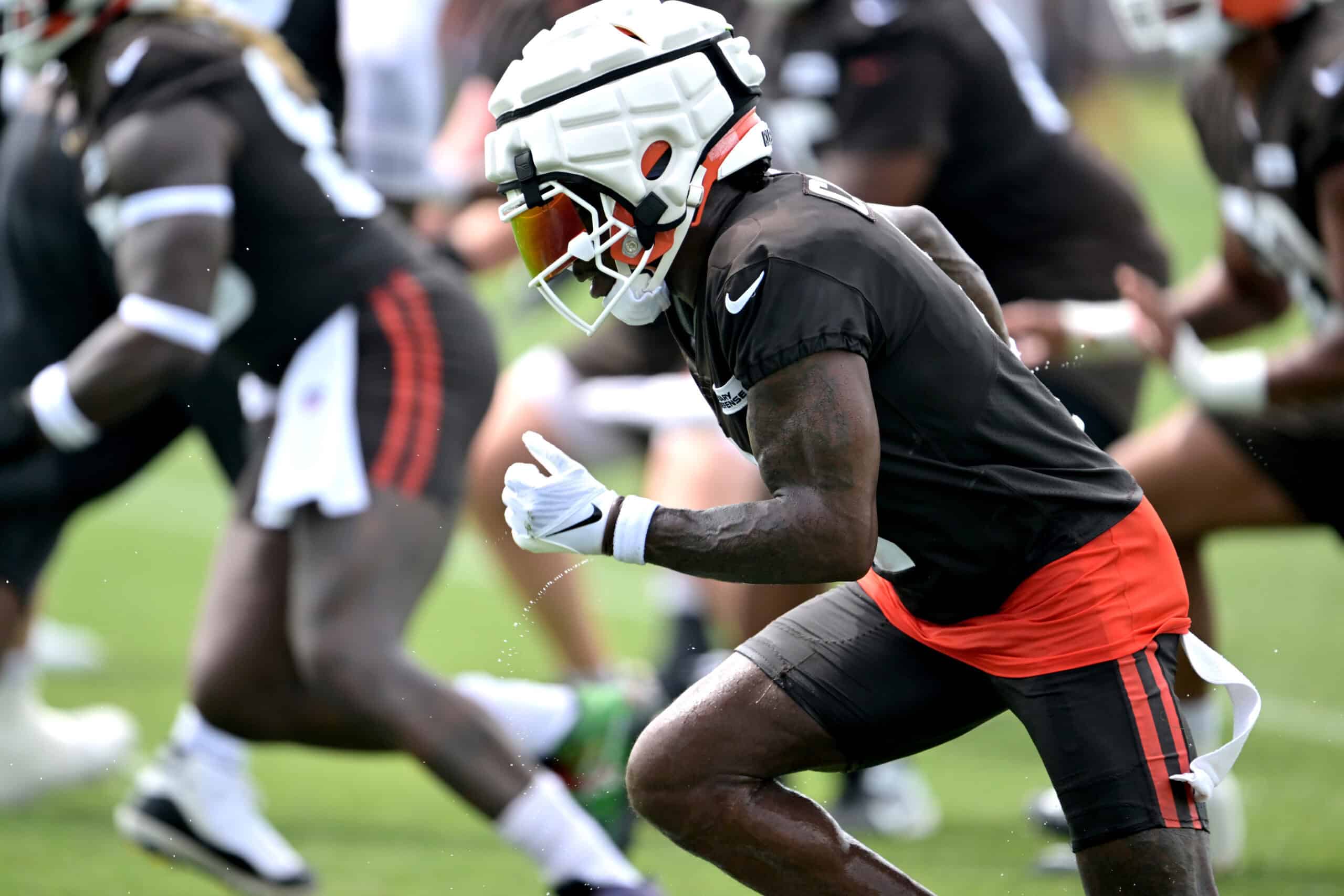 BEREA, OHIO - JULY 25: Wide receiver DeAndre Carter #2 of the Cleveland Browns runs a play during training camp at CrossCountry Mortgage Campus on July 25, 2025 in Berea, Ohio.