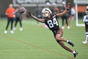 BEREA, OHIO - JULY 25: Wide receiver Gage Larvadain #84 of the Cleveland Browns misses a pass during training camp at CrossCountry Mortgage Campus on July 25, 2025 in Berea, Ohio.