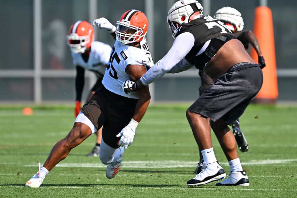 BEREA, OHIO - JULY 26: Defensive end Myles Garrett #95 of the Cleveland Browns runs a play during training camp at CrossCountry Mortgage Campus on July 26, 2025 in Berea, Ohio.