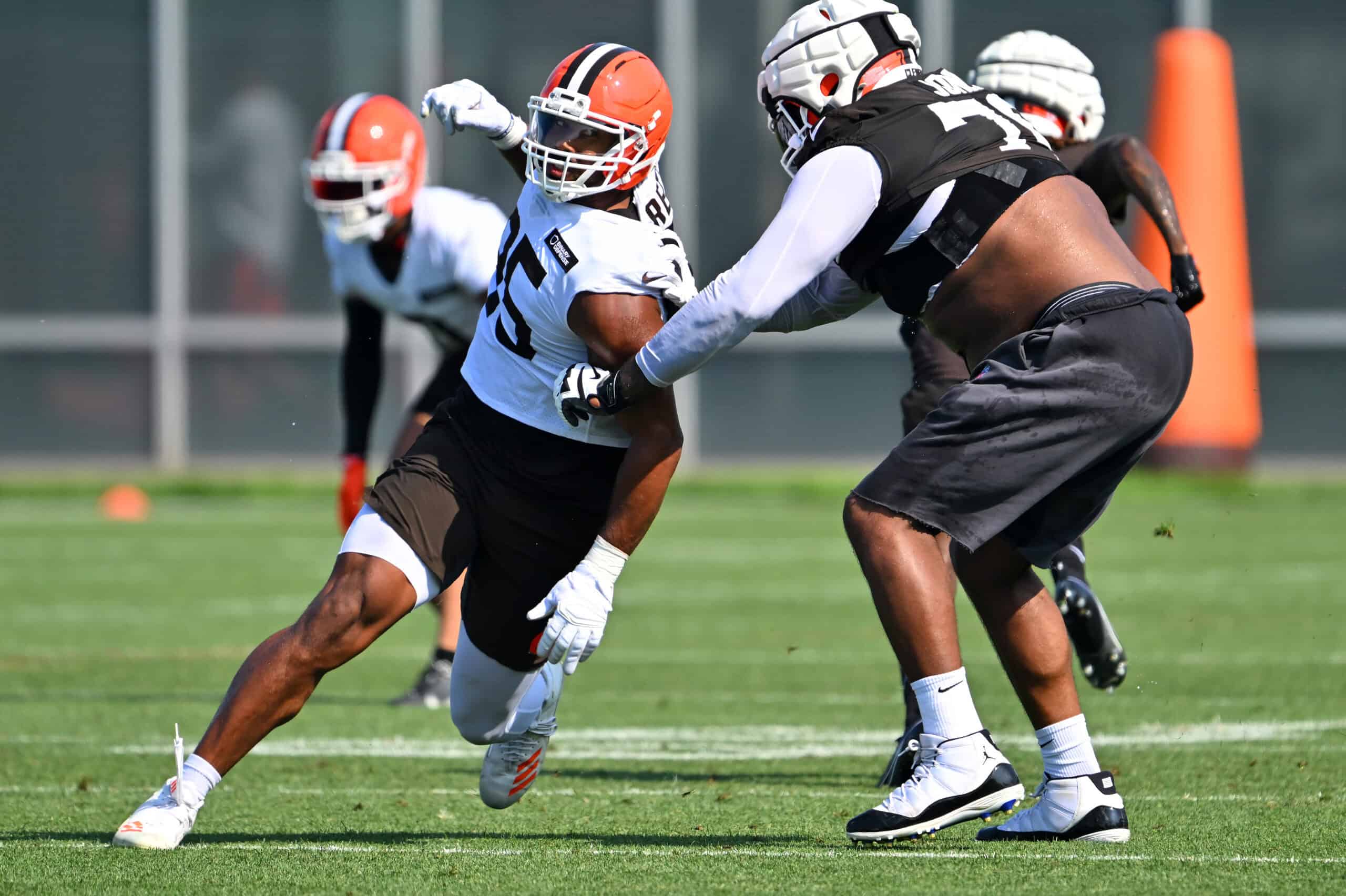 BEREA, OHIO - JULY 26: Defensive end Myles Garrett #95 of the Cleveland Browns runs a play during training camp at CrossCountry Mortgage Campus on July 26, 2025 in Berea, Ohio.