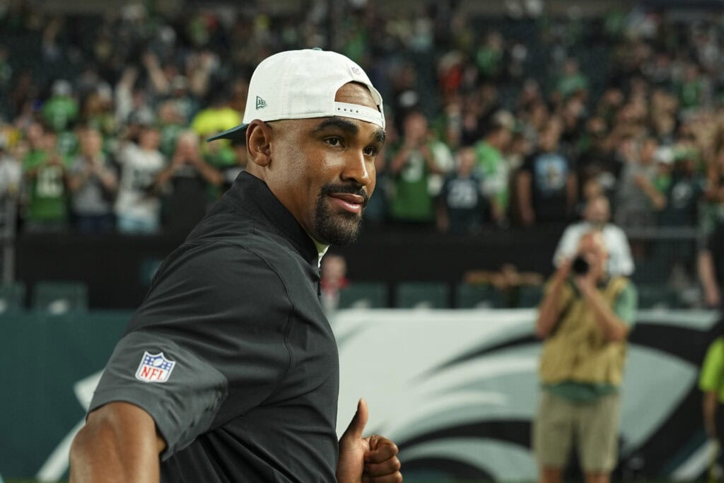 PHILADELPHIA, PENNSYLVANIA - AUGUST 7: Jalen Hurts #1 of the Philadelphia Eagles looks on after the NFL Preseason 2025 game against the Cincinnati Bengals at Lincoln Financial Field on August 7, 2025 in Philadelphia, Pennsylvania. The Eagles defeated the Bengals 34-27.