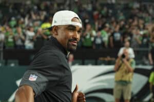 PHILADELPHIA, PENNSYLVANIA - AUGUST 7: Jalen Hurts #1 of the Philadelphia Eagles looks on after the NFL Preseason 2025 game against the Cincinnati Bengals at Lincoln Financial Field on August 7, 2025 in Philadelphia, Pennsylvania. The Eagles defeated the Bengals 34-27.