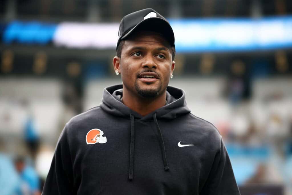 CHARLOTTE, NORTH CAROLINA - AUGUST 08: Quarterback Deshaun Watson #4 of the Cleveland Browns looks on prior to the NFL Preseason 2025 game against the Carolina Panthers at Bank of America Stadium on August 08, 2025 in Charlotte, North Carolina