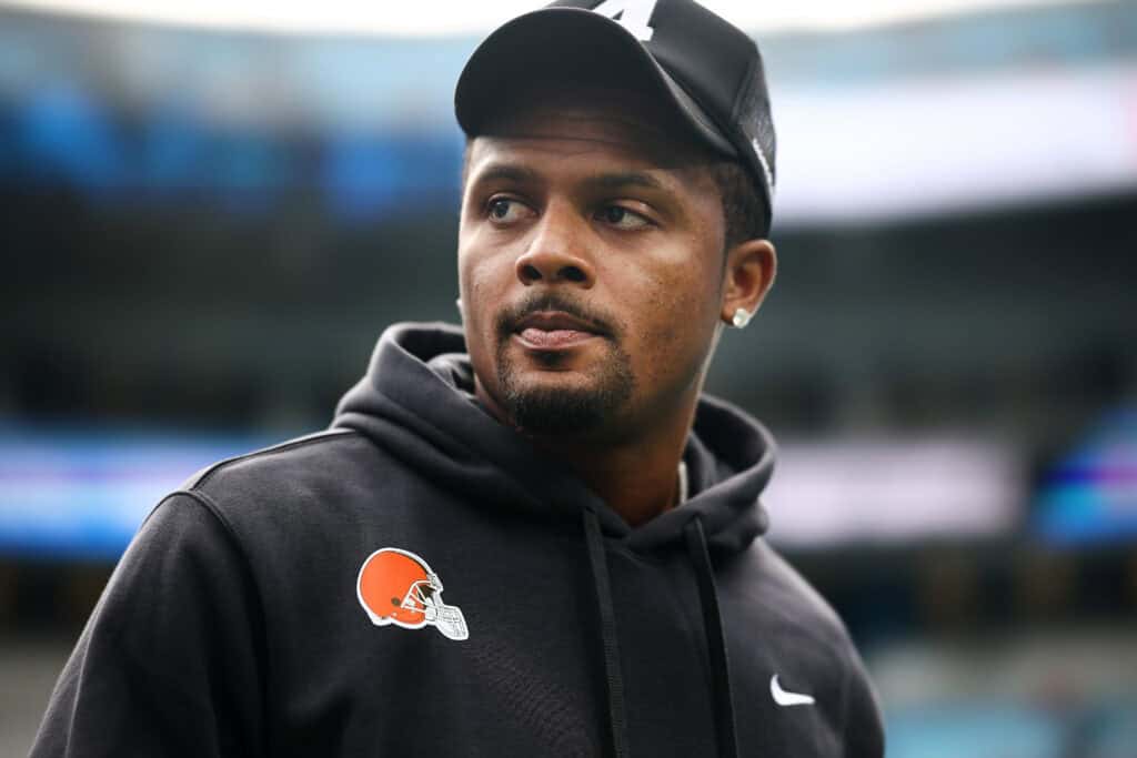 CHARLOTTE, NORTH CAROLINA - AUGUST 08: Quarterback Deshaun Watson #4 of the Cleveland Browns looks on prior to the NFL Preseason 2025 game against the Carolina Panthers at Bank of America Stadium on August 08, 2025 in Charlotte, North Carolina.
