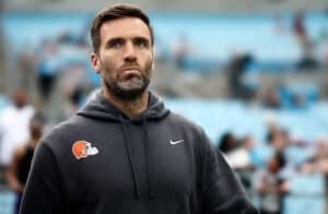 CHARLOTTE, NORTH CAROLINA - AUGUST 08: Quarterback Joe Flacco #15 of the Cleveland Browns looks on prior to the NFL Preseason 2025 game against the Carolina Panthers at Bank of America Stadium on August 08, 2025 in Charlotte, North Carolina.