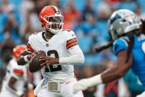 CHARLOTTE, NORTH CAROLINA - AUGUST 08: Shedeur Sanders #12 of the Cleveland Browns passes the ball during the first half of an NFL Preseason 2025 game against the Carolina Panthers at Bank of America Stadium on August 08, 2025 in Charlotte, North Carolina.