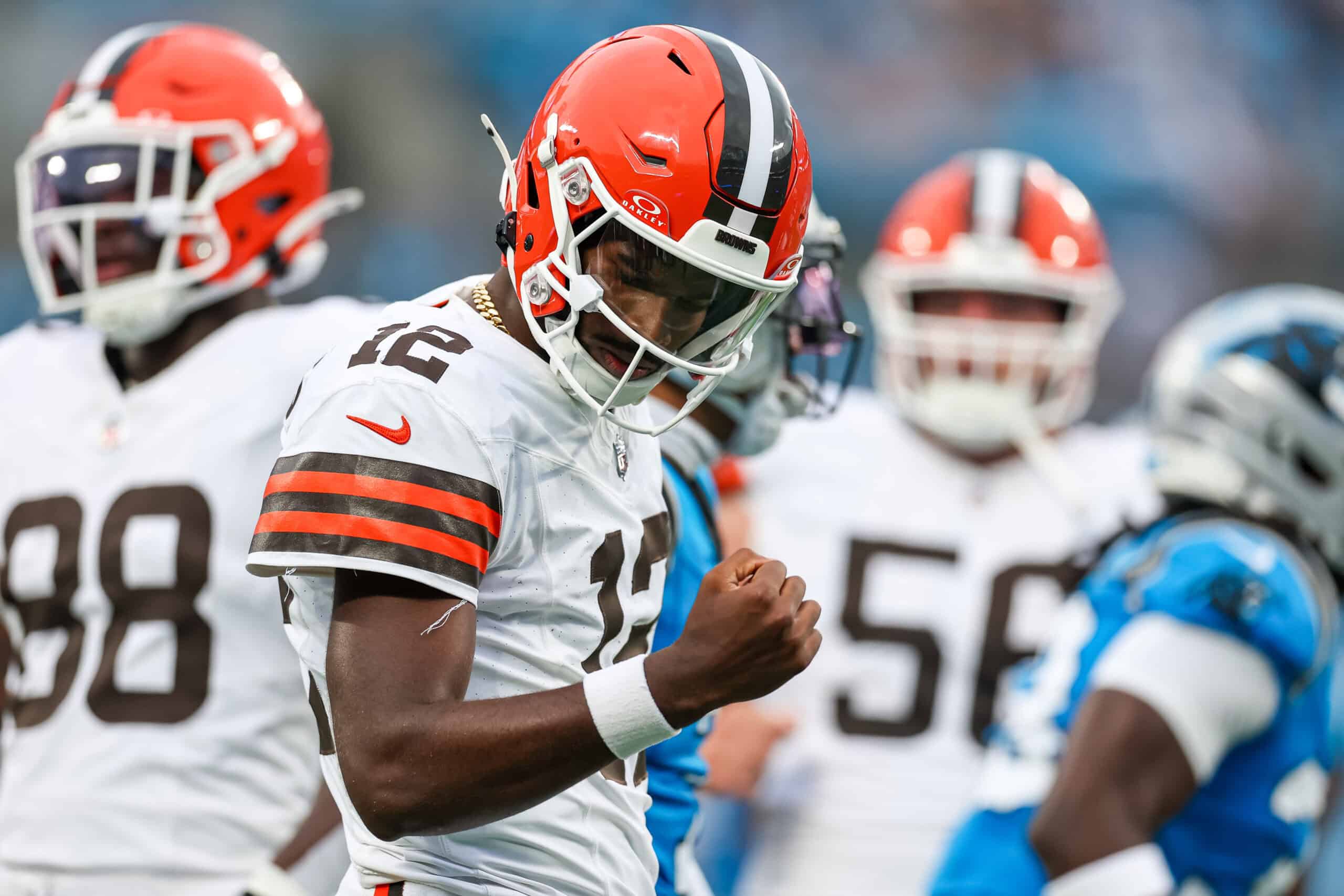 CHARLOTTE, NORTH CAROLINA - AUGUST 08: Shedeur Sanders #12 of the Cleveland Browns reacts after a first down during the first half of an NFL Preseason 2025 game against the Carolina Panthers at Bank of America Stadium on August 08, 2025 in Charlotte, North Carolina.