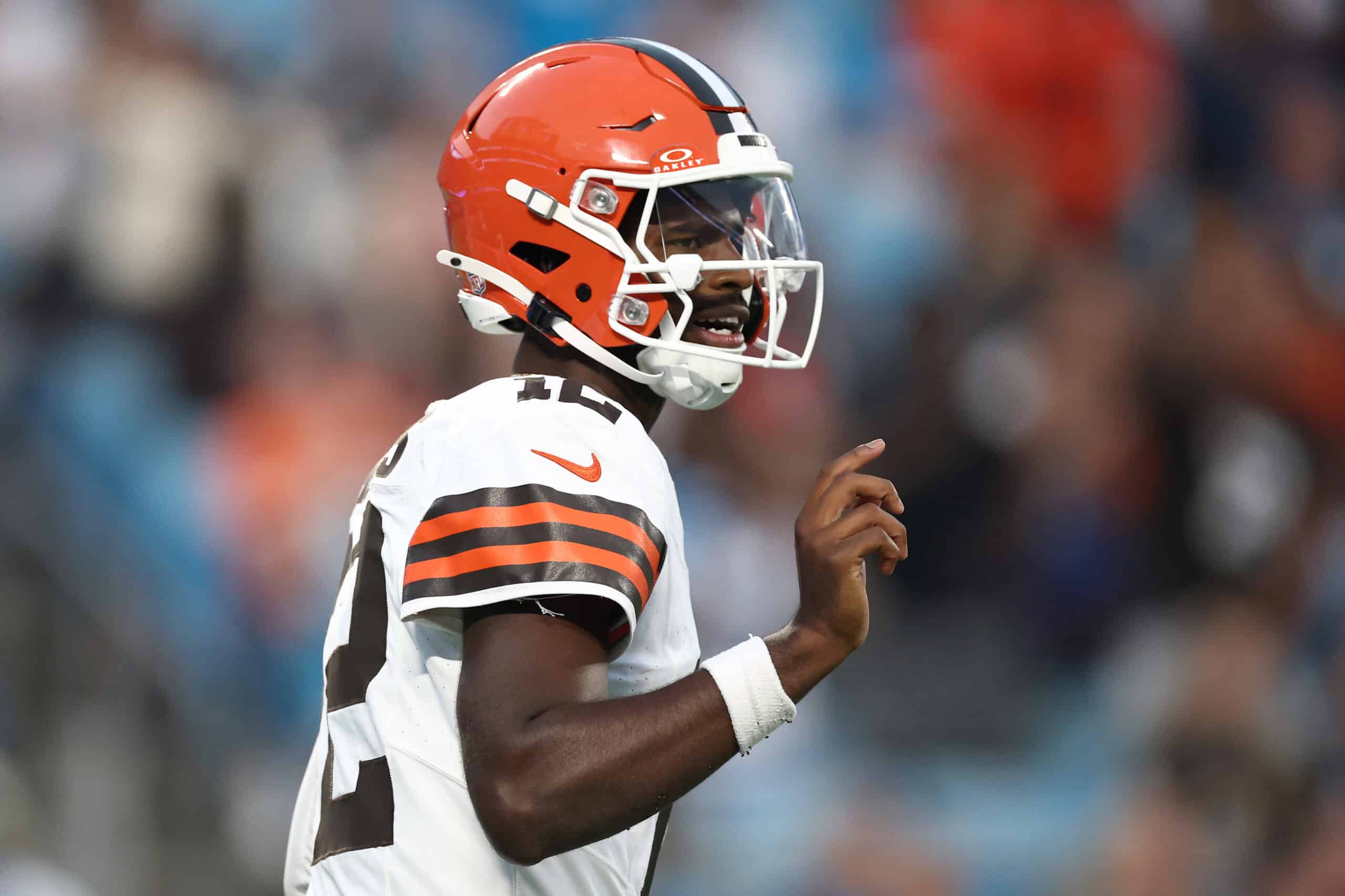 CHARLOTTE, NORTH CAROLINA - AUGUST 08: Quarterback Shedeur Sanders #12 of the Cleveland Browns reacts following a completion in the first half during the NFL Preseason 2025 game against the Carolina Panthers at Bank of America Stadium on August 08, 2025 in Charlotte, North Carolina.