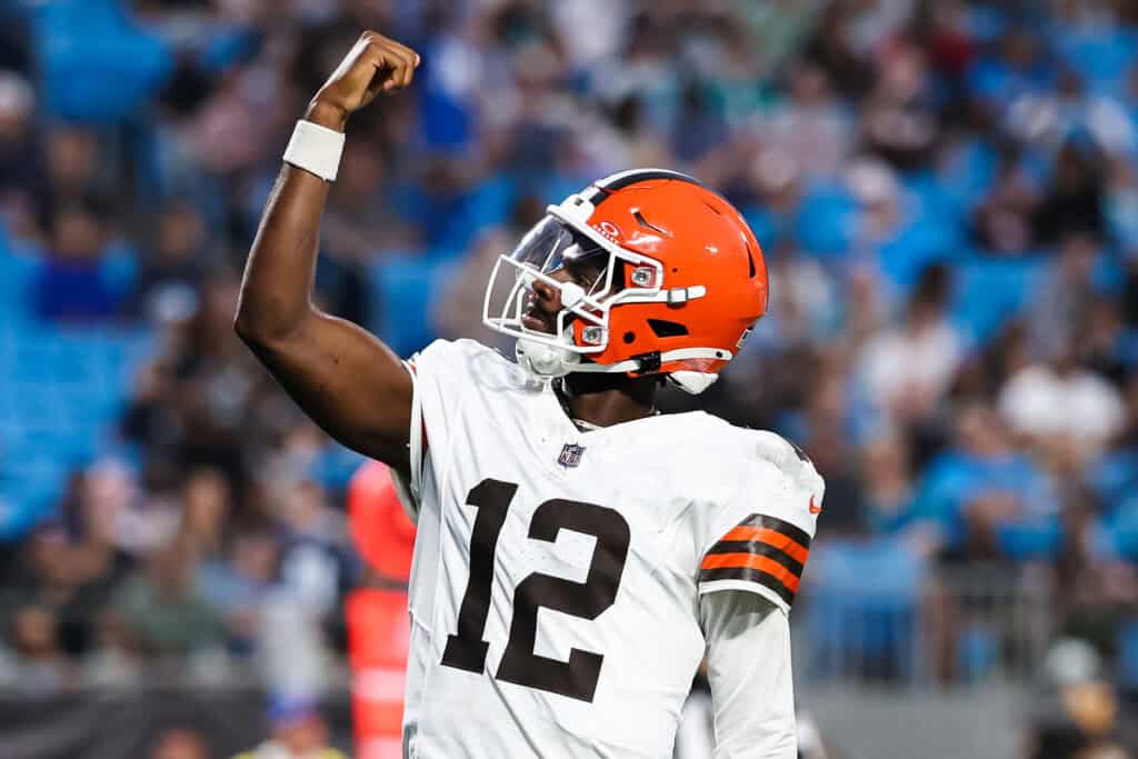 CHARLOTTE, NORTH CAROLINA - AUGUST 08: Shedeur Sanders #12 of the Cleveland Browns reacts after a touchdown during the 1st half of an NFL Preseason 2025 game against the Carolina Panthers at Bank of America Stadium on August 08, 2025 in Charlotte, North Carolina.