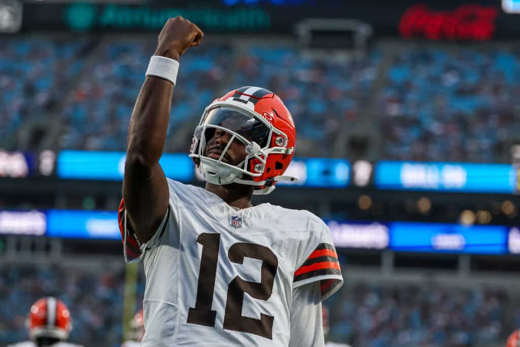 CHARLOTTE, NORTH CAROLINA - AUGUST 08: Shedeur Sanders #12 of the Cleveland Browns reacts after a touchdown during the 1st half of an NFL Preseason 2025 game against the Carolina Panthers at Bank of America Stadium on August 08, 2025 in Charlotte, North Carolina.
