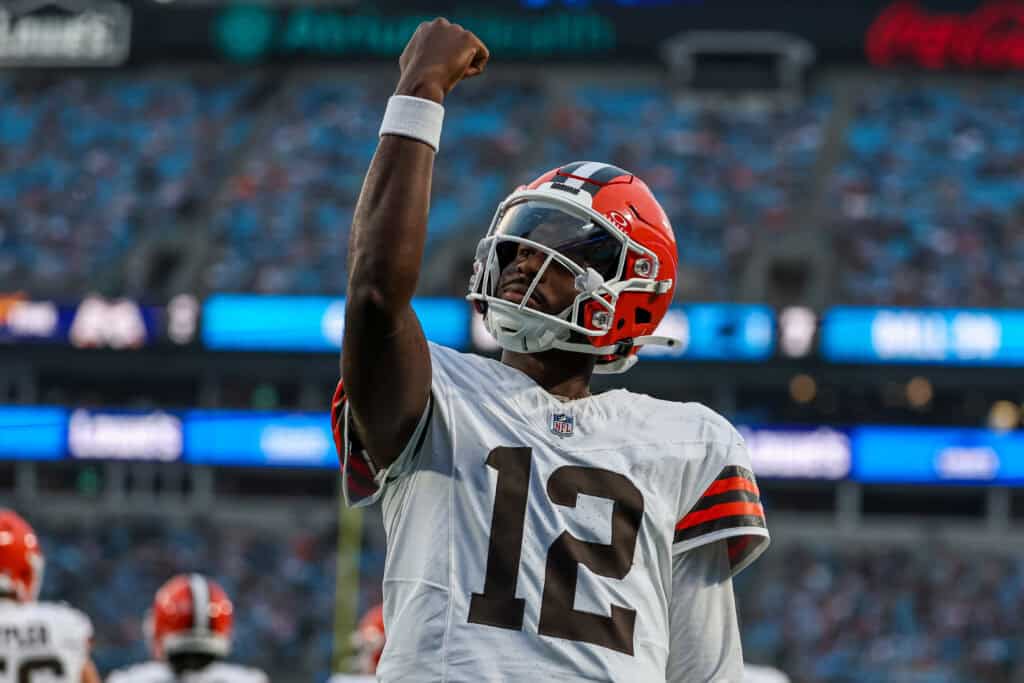 CHARLOTTE, NORTH CAROLINA - AUGUST 08: Shedeur Sanders #12 of the Cleveland Browns reacts after a touchdown during the 1st half of an NFL Preseason 2025 game against the Carolina Panthers at Bank of America Stadium on August 08, 2025 in Charlotte, North Carolina.