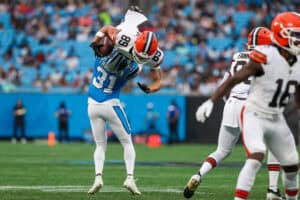 CHARLOTTE, NORTH CAROLINA - AUGUST 08: Corey Thornton #31 of the Carolina Panthers tackles Kaden Davis #89 of the Cleveland Browns during the first half of an NFL Preseason 2025 game at Bank of America Stadium on August 08, 2025 in Charlotte, North Carolina.