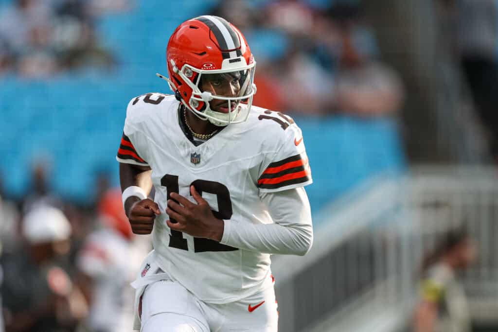 CHARLOTTE, NORTH CAROLINA - AUGUST 08: Shedeur Sanders #12 of the Cleveland Browns warms up before an NFL Preseason 2025 game against the Carolina Panthers at Bank of America Stadium on August 08, 2025 in Charlotte, North Carolina.