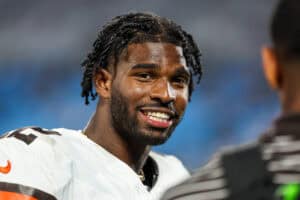 CHARLOTTE, NORTH CAROLINA - AUGUST 08: Shedeur Sanders #12 of the Cleveland Browns looks on during the second half of an NFL Preseason 2025 game against the Carolina Panthers at Bank of America Stadium on August 08, 2025 in Charlotte, North Carolina.
