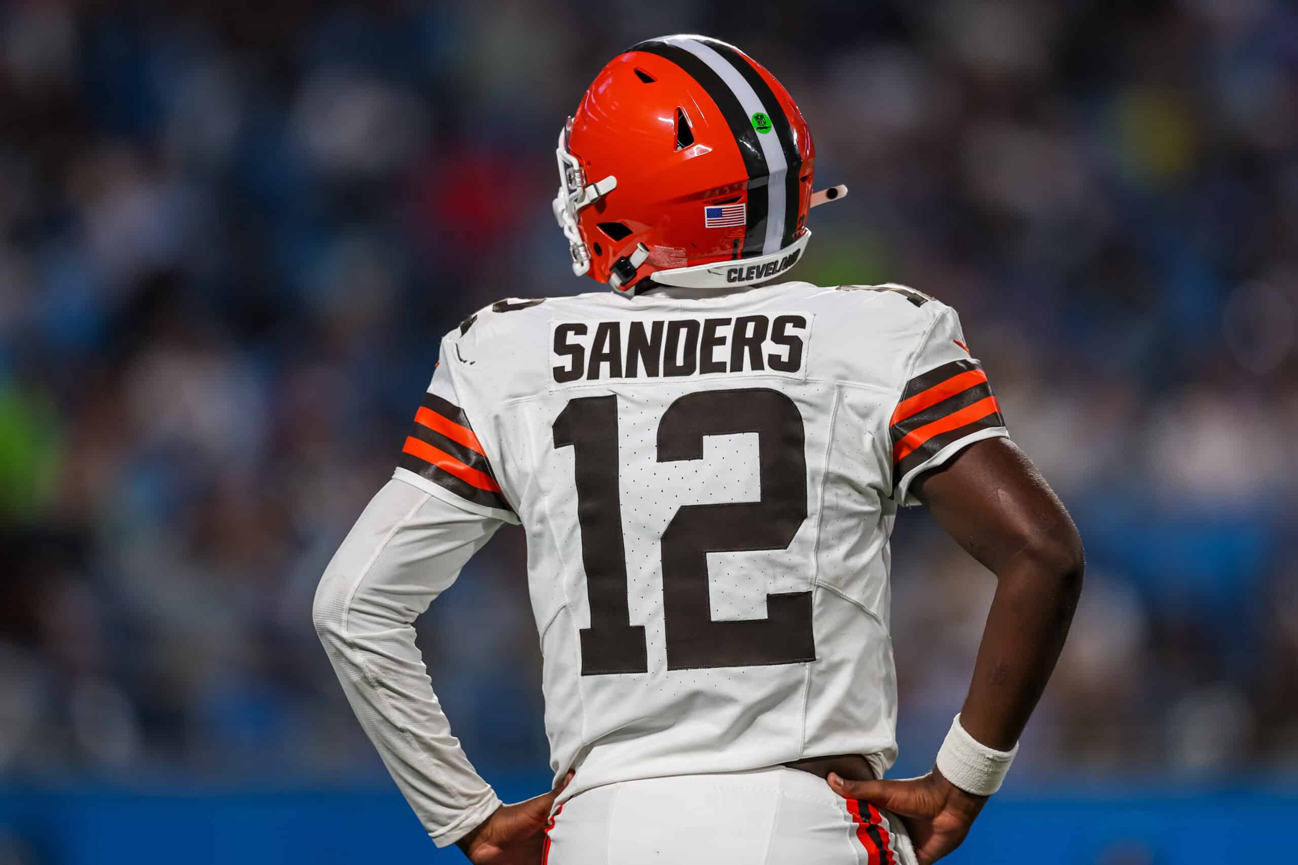 CHARLOTTE, NORTH CAROLINA - AUGUST 08: Shedeur Sanders #12 of the Cleveland Browns looks on during the second half of an NFL Preseason 2025 game against the Carolina Panthers at Bank of America Stadium on August 08, 2025 in Charlotte, North Carolina.