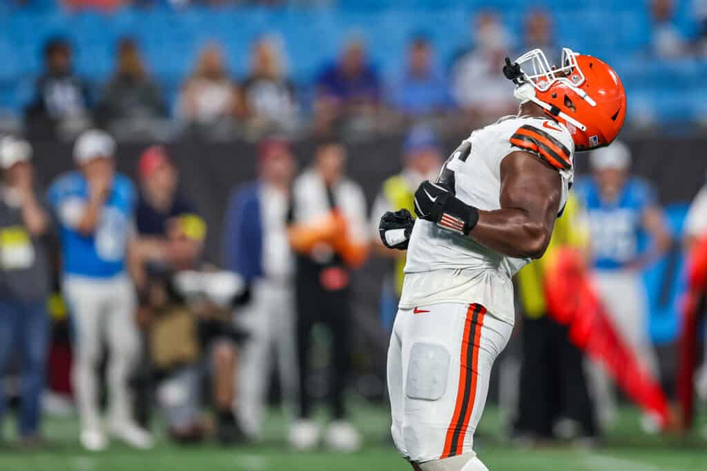 CHARLOTTE, NORTH CAROLINA - AUGUST 08: Adin Huntington #66 of the Cleveland Browns reacts after a tackle during the second half of an NFL Preseason 2025 game against the Carolina Panthers at Bank of America Stadium on August 08, 2025 in Charlotte, North Carolina.
