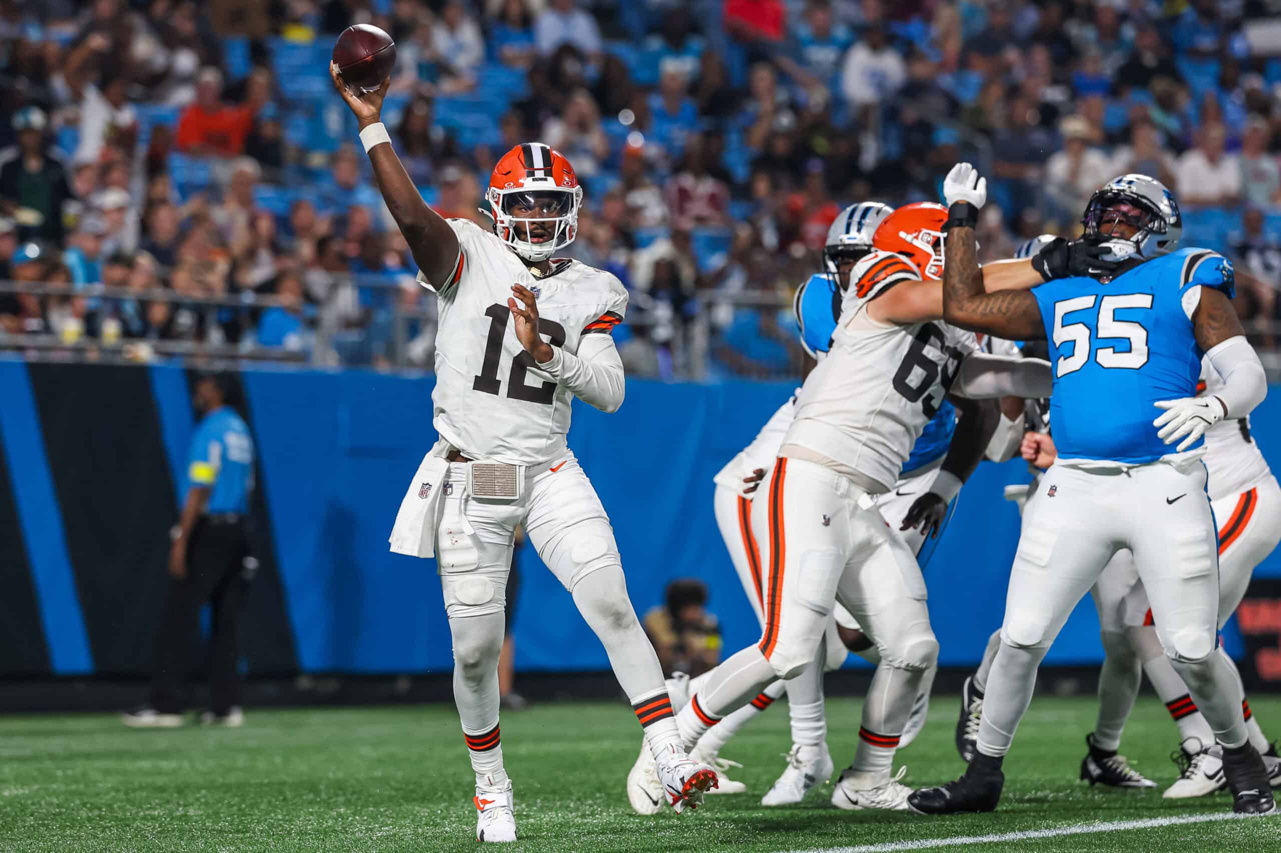 CHARLOTTE, NORTH CAROLINA - AUGUST 08: Shedeur Sanders #12 of the Cleveland Browns passes the ball during the second half of an NFL Preseason 2025 game against the Carolina Panthers at Bank of America Stadium on August 08, 2025 in Charlotte, North Carolina.
