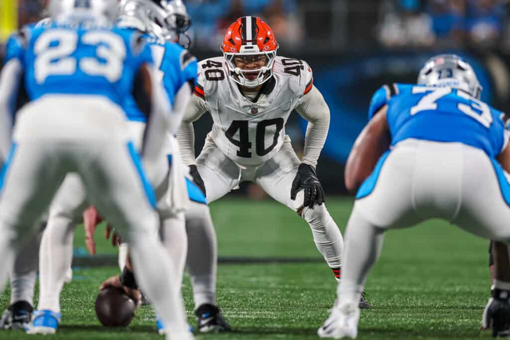 CHARLOTTE, NORTH CAROLINA - AUGUST 08: Nathaniel Watson #40 of the Cleveland Browns plays defense during the second half of an NFL Preseason 2025 game against the Carolina Panthers at Bank of America Stadium on August 08, 2025 in Charlotte, North Carolina.