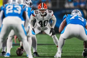 CHARLOTTE, NORTH CAROLINA - AUGUST 08: Nathaniel Watson #40 of the Cleveland Browns plays defense during the second half of an NFL Preseason 2025 game against the Carolina Panthers at Bank of America Stadium on August 08, 2025 in Charlotte, North Carolina.