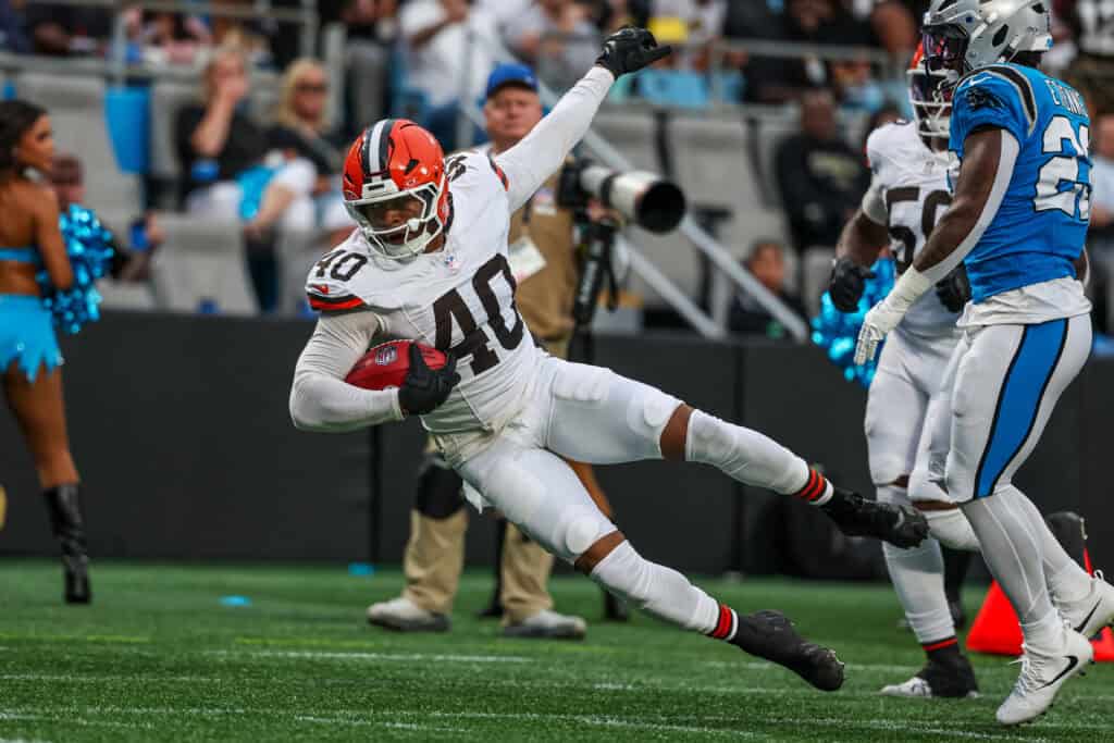 CHARLOTTE, NORTH CAROLINA - AUGUST 08: Nathaniel Watson #40 of the Cleveland Browns returns a fumble during the first half of an NFL Preseason 2025 game against the Carolina Panthers at Bank of America Stadium on August 08, 2025 in Charlotte, North Carolina.