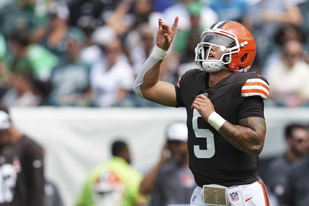 PHILADELPHIA, PENNSYLVANIA - AUGUST 16: Dillon Gabriel #5 of the Cleveland Browns reacts against the Philadelphia Eagles in the first half of the NFL Preseason 2025 game at Lincoln Financial Field on August 16, 2025 in Philadelphia, Pennsylvania.