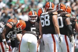 PHILADELPHIA, PENNSYLVANIA - AUGUST 16: Dillon Gabriel #5 of the Cleveland Browns looks on in the huddle against the Philadelphia Eagles in the first half of the NFL Preseason 2025 game at Lincoln Financial Field on August 16, 2025 in Philadelphia, Pennsylvania.