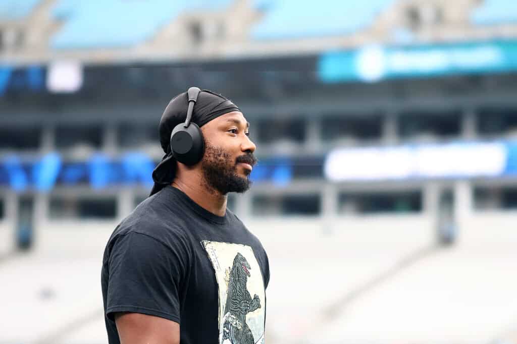 CHARLOTTE, NORTH CAROLINA - AUGUST 08: Defensive end Myles Garrett #95 of the Cleveland Browns looks on prior to the NFL Preseason 2025 game against the Carolina Panthers at Bank of America Stadium on August 08, 2025 in Charlotte, North Carolina.