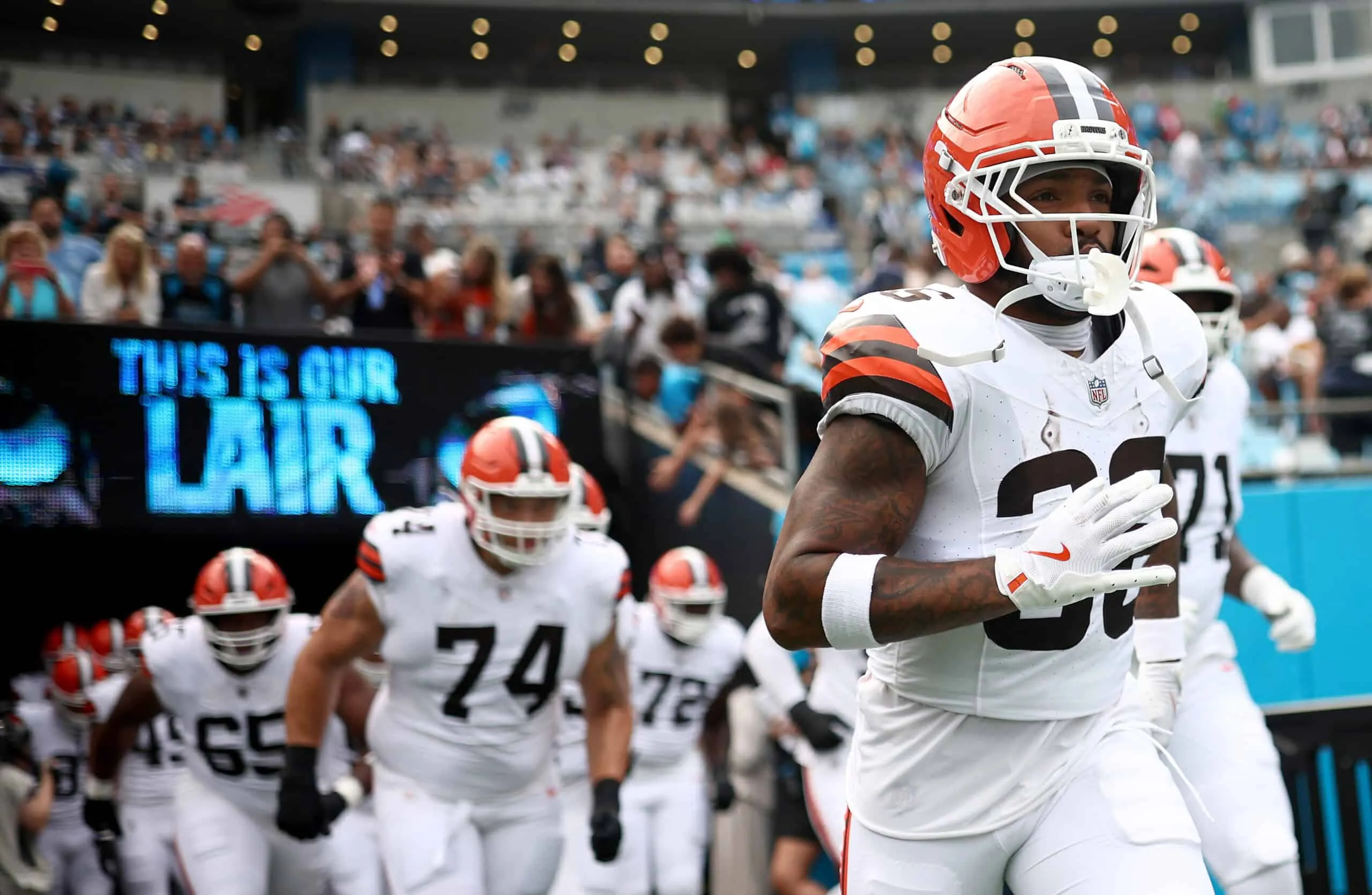 CHARLOTTE, NORTH CAROLINA - AUGUST 08: Running back Trayveon Williams #36 of the Cleveland Browns runs onto the field prior to the NFL Preseason 2025 game at Bank of America Stadium on August 08, 2025 in Charlotte, North Carolina.