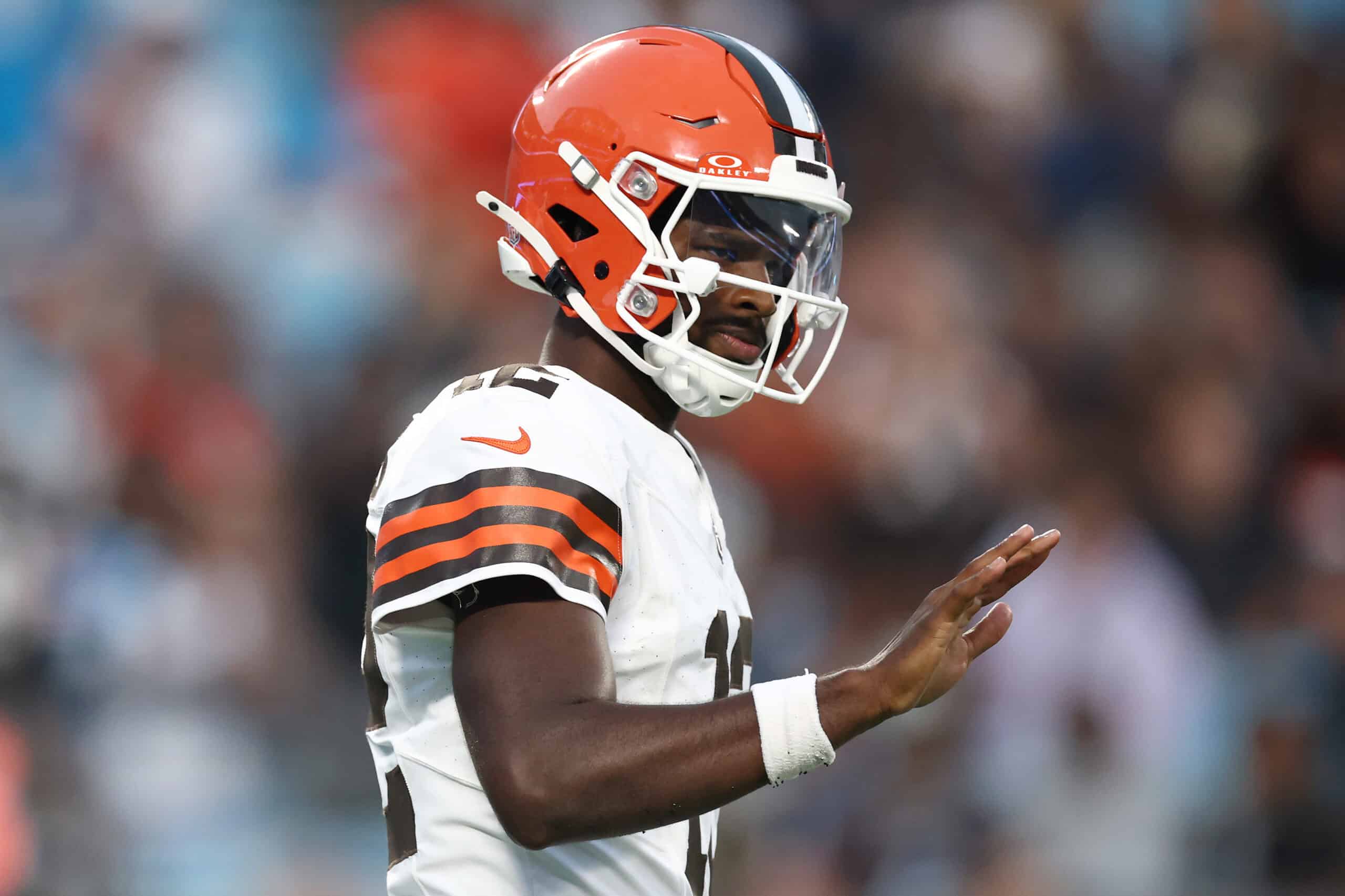 CHARLOTTE, NORTH CAROLINA - AUGUST 08: Quarterback Shedeur Sanders #12 of the Cleveland Browns reacts following a completion in the first half during the NFL Preseason 2025 game against the Carolina Panthers at Bank of America Stadium on August 08, 2025 in Charlotte, North Carolina.