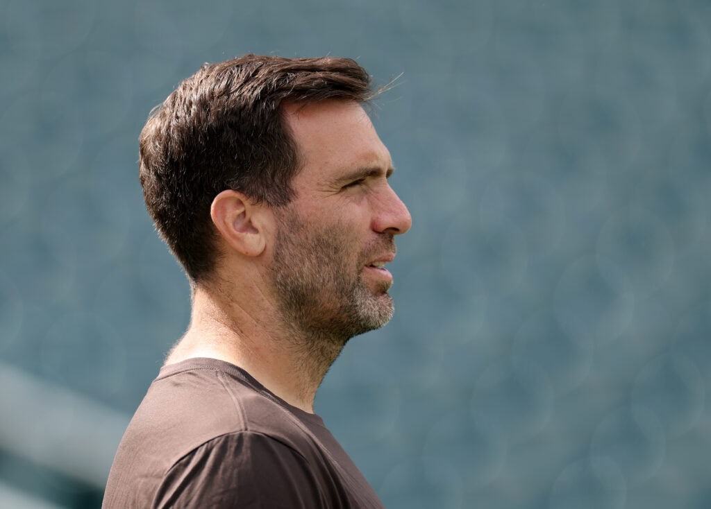 PHILADELPHIA, PENNSYLVANIA - AUGUST 16: Joe Flacco #15 of the Cleveland Browns looks on during warm ups before the NFL Preseason 2025 game between Cleveland Browns and Philadelphia Eagles at Lincoln Financial Field on August 16, 2025 in Philadelphia, Pennsylvania.