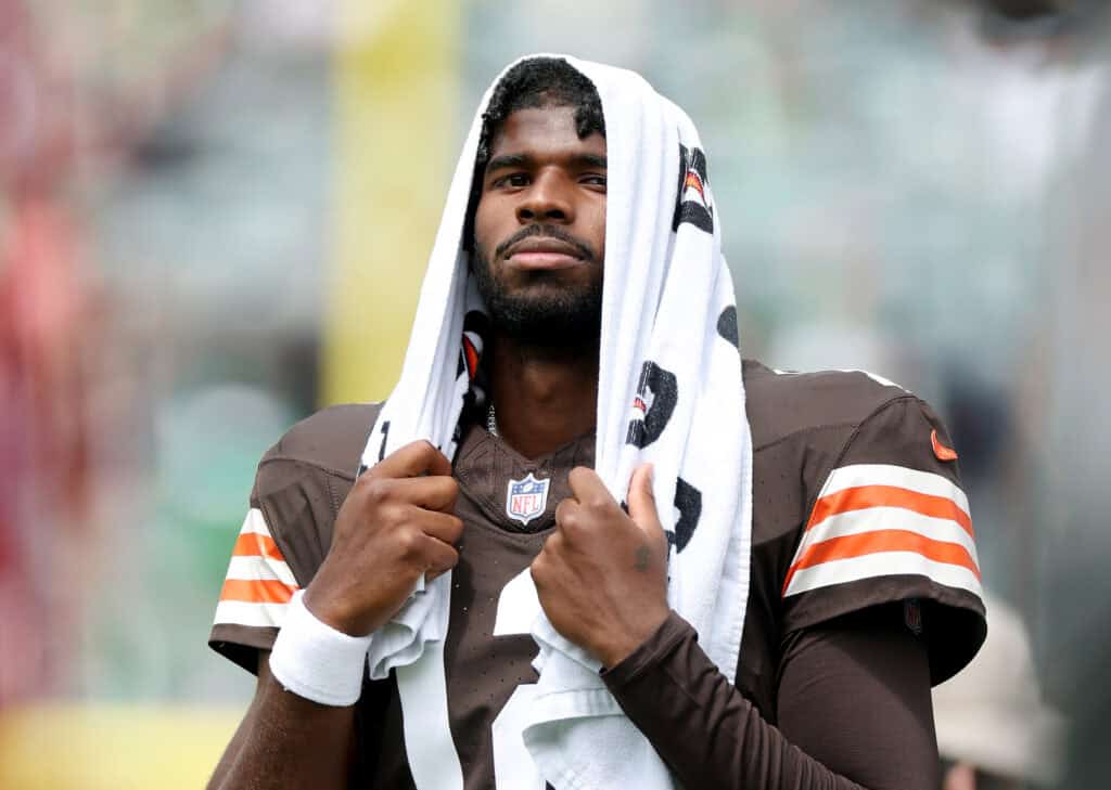 PHILADELPHIA, PENNSYLVANIA - AUGUST 16: Shedeur Sanders #12 of the Cleveland Browns stands on the sideline during the first quarter of the NFL Preseason 2025 game between Cleveland Browns and Philadelphia Eagles at Lincoln Financial Field on August 16, 2025 in Philadelphia, Pennsylvania.