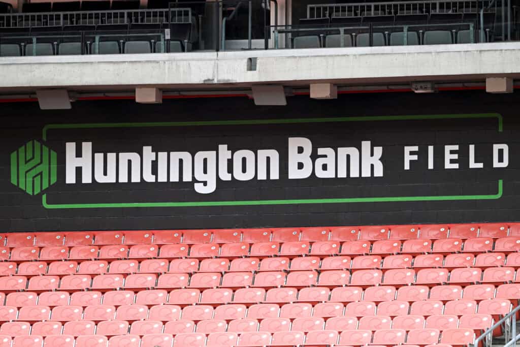 CLEVELAND, OHIO - AUGUST 23: A view of signage inside the stadium prior to an NFL Preseason 2025 game between the Cleveland Browns and Los Angeles Rams at Huntington Bank Field on August 23, 2025 in Cleveland, Ohio.