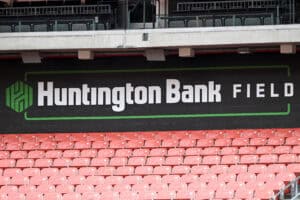 CLEVELAND, OHIO - AUGUST 23: A view of signage inside the stadium prior to an NFL Preseason 2025 game between the Cleveland Browns and Los Angeles Rams at Huntington Bank Field on August 23, 2025 in Cleveland, Ohio.