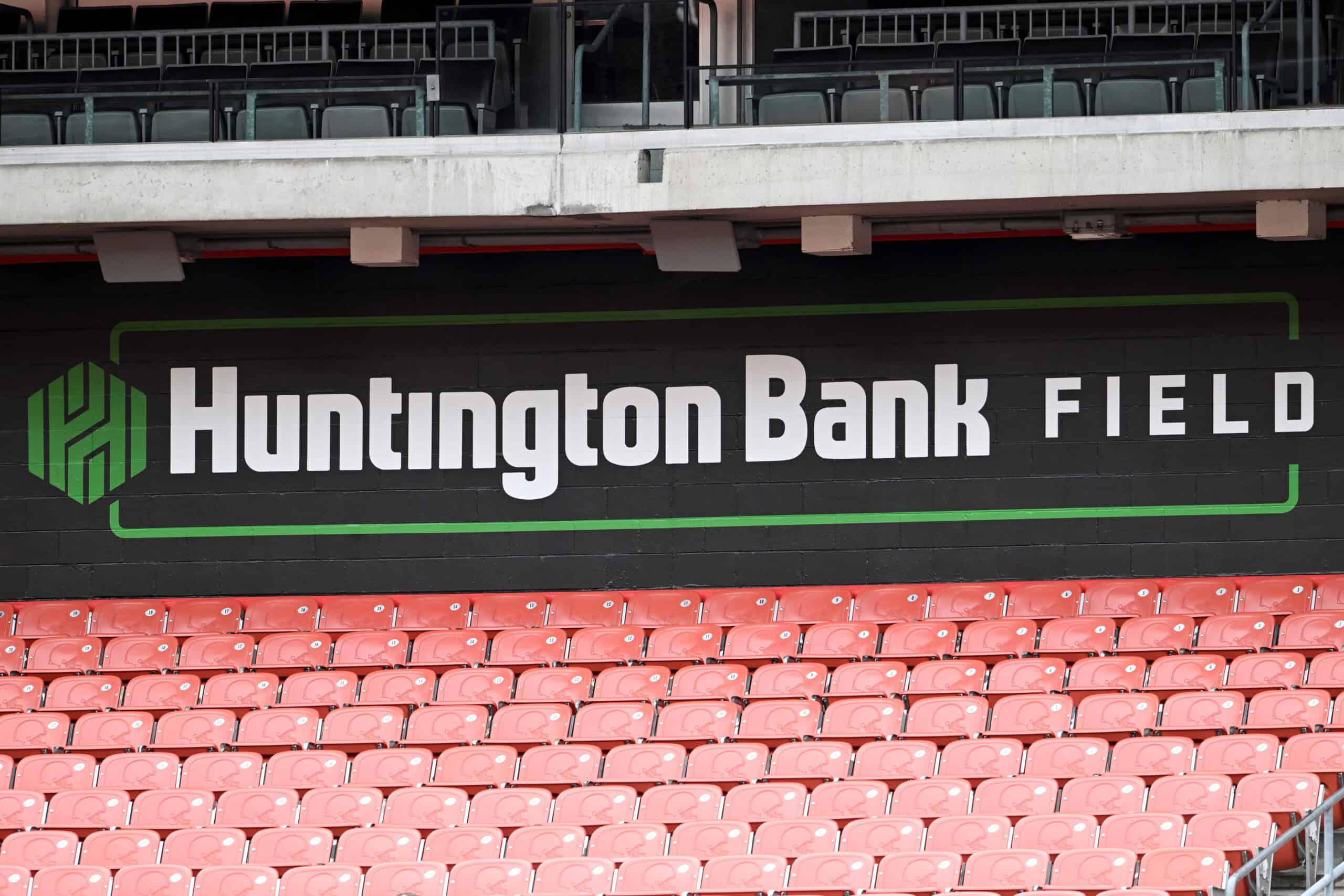 CLEVELAND, OHIO - AUGUST 23: A view of signage inside the stadium prior to an NFL Preseason 2025 game between the Cleveland Browns and Los Angeles Rams at Huntington Bank Field on August 23, 2025 in Cleveland, Ohio.