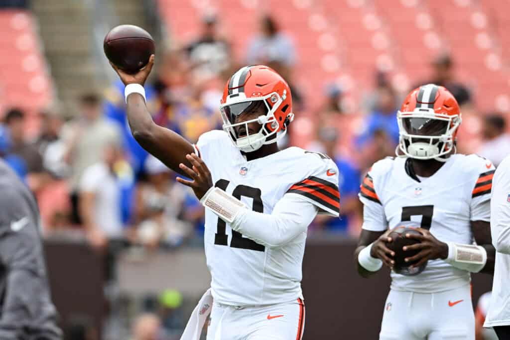 CLEVELAND, OHIO - AUGUST 23: Shedeur Sanders #12 of the Cleveland Browns warms up prior to an NFL Preseason 2025 game against the Los Angeles Rams at Huntington Bank Field on August 23, 2025 in Cleveland, Ohio.