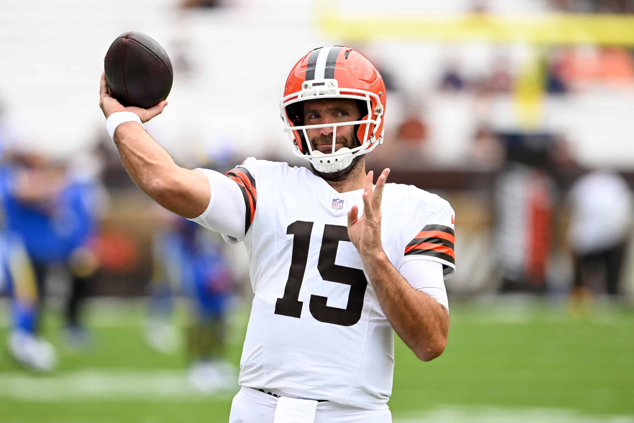 CLEVELAND, OHIO - AUGUST 23: Joe Flacco #15 of the Cleveland Browns warms up prior to an NFL Preseason 2025 game against the Los Angeles Rams at Huntington Bank Field on August 23, 2025 in Cleveland, Ohio.